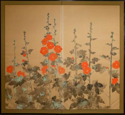 Japanese Two Panel Screen Rimpa Style Painting of Hollyhocks