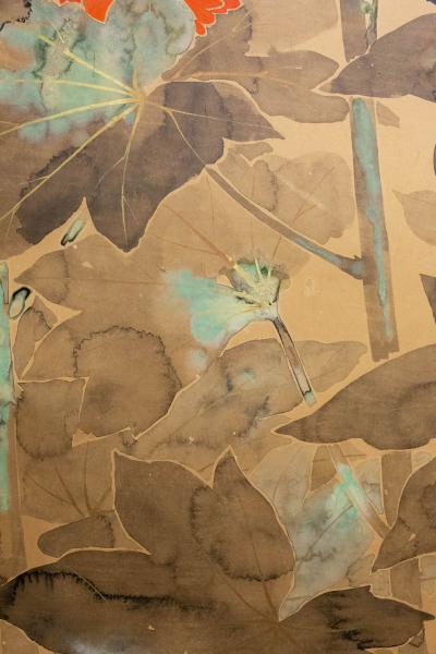 Japanese Two Panel Screen Rimpa Style Painting of Hollyhocks