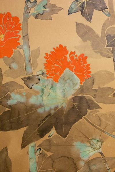 Japanese Two Panel Screen Rimpa Style Painting of Hollyhocks