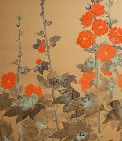 Japanese Two Panel Screen Rimpa Style Painting of Hollyhocks