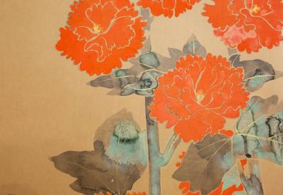 Japanese Two Panel Screen Rimpa Style Painting of Hollyhocks