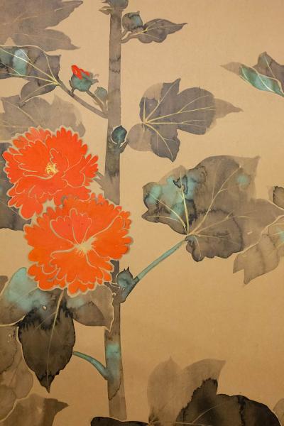 Japanese Two Panel Screen Rimpa Style Painting of Hollyhocks