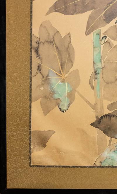 Japanese Two Panel Screen Rimpa Style Painting of Hollyhocks