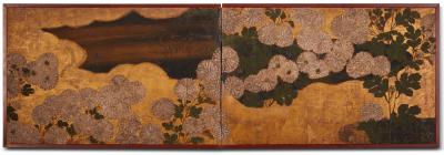 Japanese Two Panel Screen Rimpa painting of Chrysanthemums