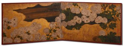 Japanese Two Panel Screen Rimpa painting of Chrysanthemums