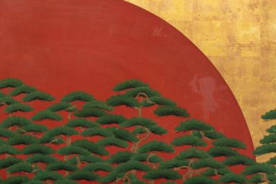 Japanese Two Panel Screen Rising Sun Through the Pine