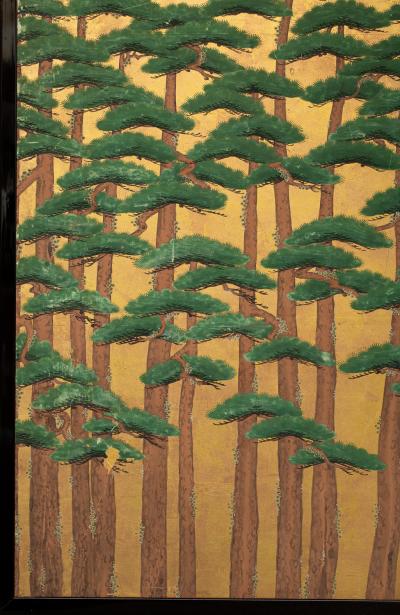 Japanese Two Panel Screen Rising Sun Through the Pine