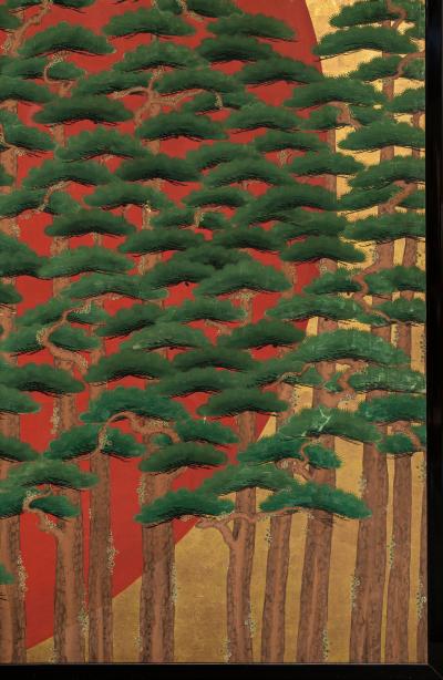 Japanese Two Panel Screen Rising Sun Through the Pine
