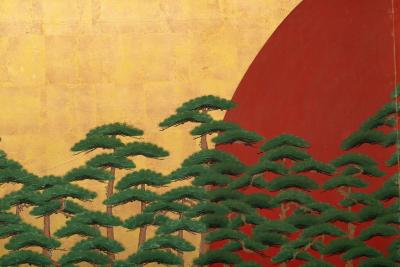Japanese Two Panel Screen Rising Sun Through the Pine