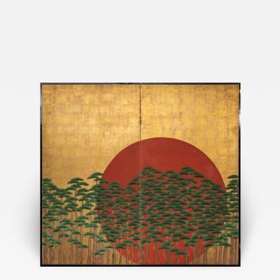 Japanese Two Panel Screen Rising Sun Through the Pine