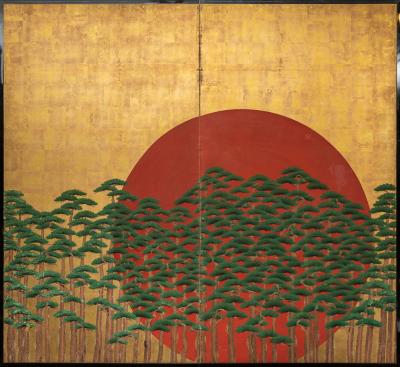 Japanese Two Panel Screen Rising Sun Through the Pine
