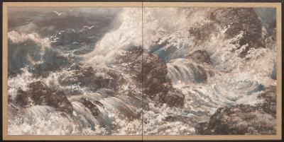 Japanese Two Panel Screen Rocky Seascape