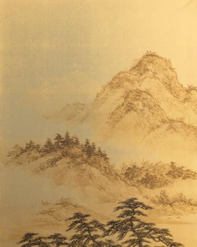 Japanese Two Panel Screen Rural Mountain Landscape