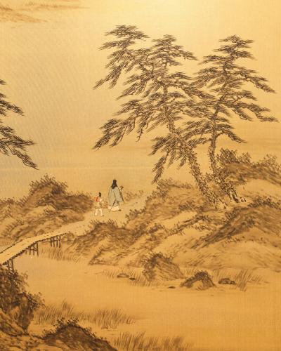 Japanese Two Panel Screen Rural Mountain Landscape
