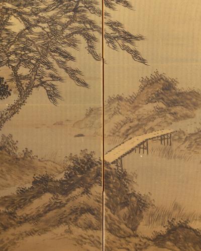 Japanese Two Panel Screen Rural Mountain Landscape