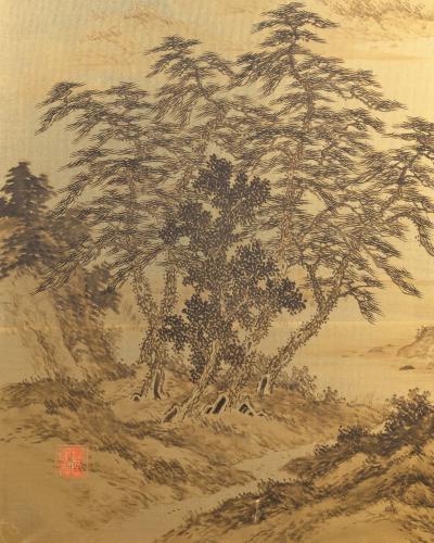 Japanese Two Panel Screen Rural Mountain Landscape