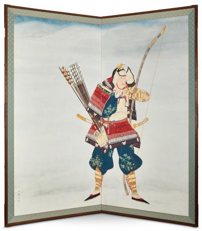 Japanese Two Panel Screen Samurai Warrior