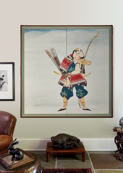 Japanese Two Panel Screen Samurai Warrior