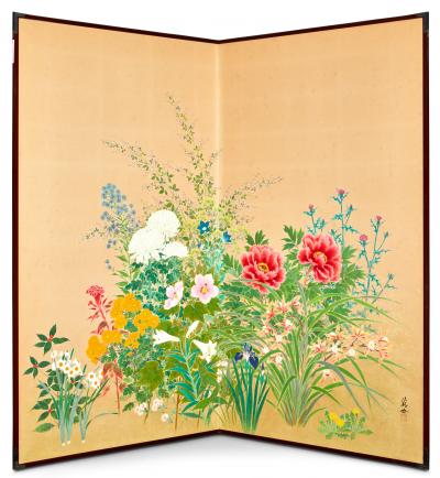 Japanese Two Panel Screen Seasonal Flowers