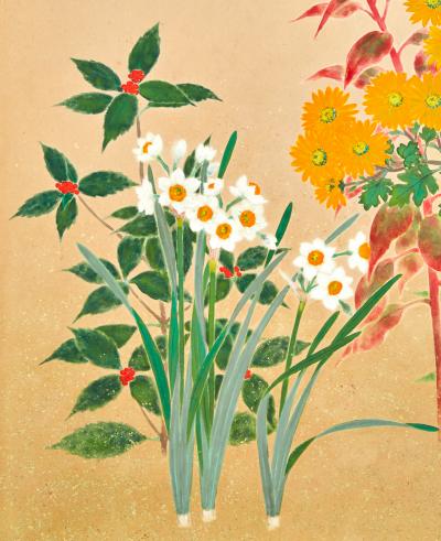 Japanese Two Panel Screen Seasonal Flowers