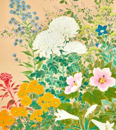 Japanese Two Panel Screen Seasonal Flowers