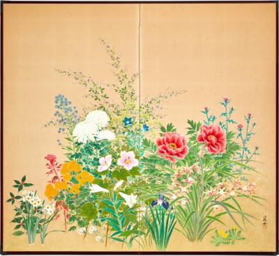 Japanese Two Panel Screen Seasonal Flowers
