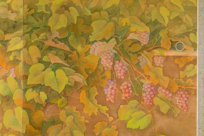 Japanese Two Panel Screen Sheep Resting Under Grape Arbor