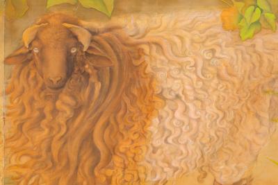 Japanese Two Panel Screen Sheep Resting Under Grape Arbor