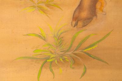 Japanese Two Panel Screen Sheep Resting Under Grape Arbor