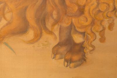 Japanese Two Panel Screen Sheep Resting Under Grape Arbor