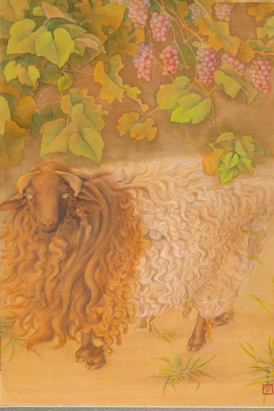 Japanese Two Panel Screen Sheep Resting Under Grape Arbor