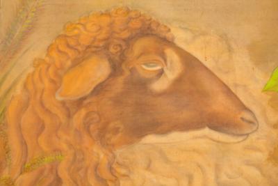 Japanese Two Panel Screen Sheep Resting Under Grape Arbor