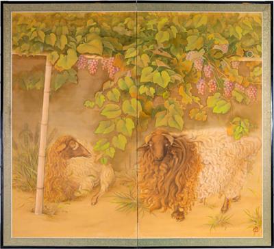Japanese Two Panel Screen Sheep Resting Under Grape Arbor