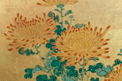 Japanese Two Panel Screen Simple Chrysanthemums on Gold
