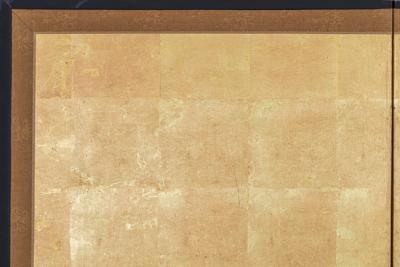 Japanese Two Panel Screen Simple Chrysanthemums on Gold