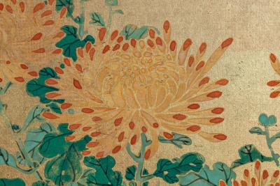 Japanese Two Panel Screen Simple Chrysanthemums on Gold