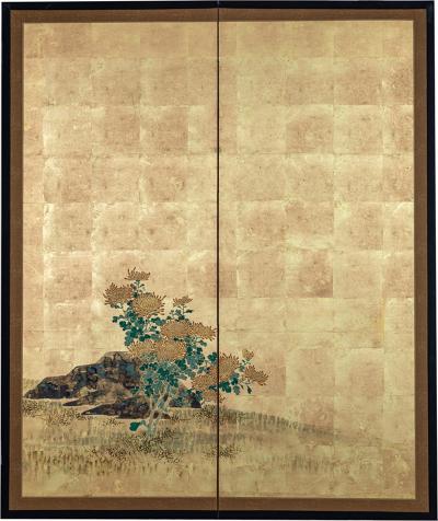 Japanese Two Panel Screen Simple Chrysanthemums on Gold