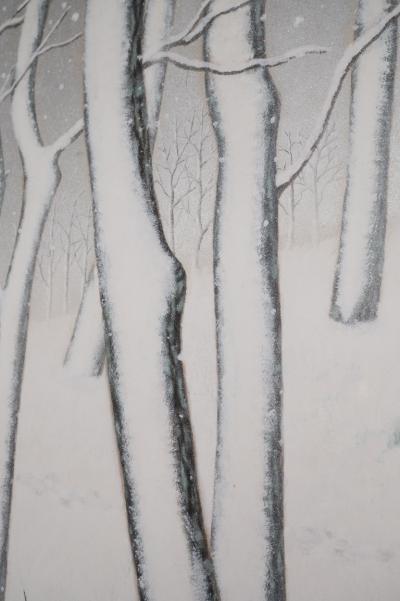 Japanese Two Panel Screen Snow Flakes Falling in the Forest