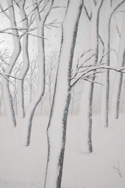 Japanese Two Panel Screen Snow Flakes Falling in the Forest