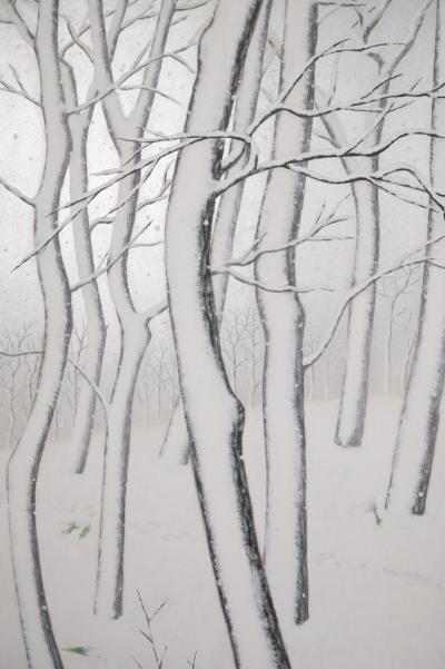 Japanese Two Panel Screen Snow Flakes Falling in the Forest