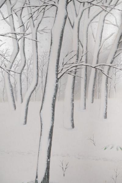 Japanese Two Panel Screen Snow Flakes Falling in the Forest
