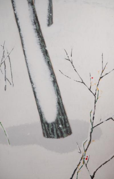 Japanese Two Panel Screen Snow Flakes Falling in the Forest