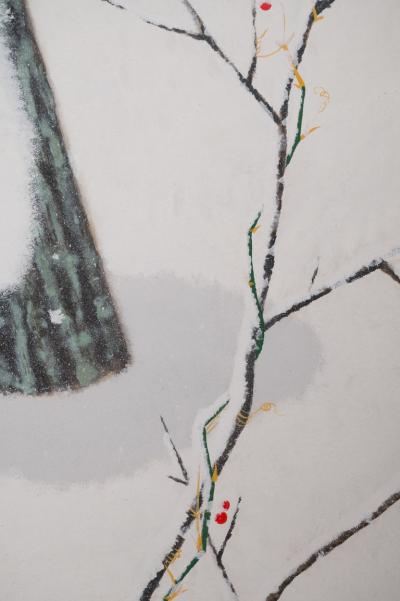 Japanese Two Panel Screen Snow Flakes Falling in the Forest