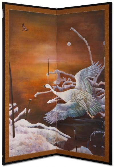 Japanese Two Panel Screen Snow Goose in Flight at Dawn