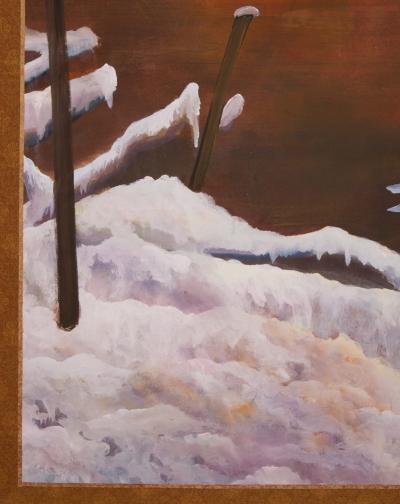 Japanese Two Panel Screen Snow Goose in Flight at Dawn