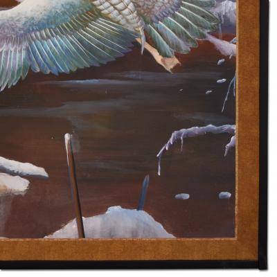 Japanese Two Panel Screen Snow Goose in Flight at Dawn
