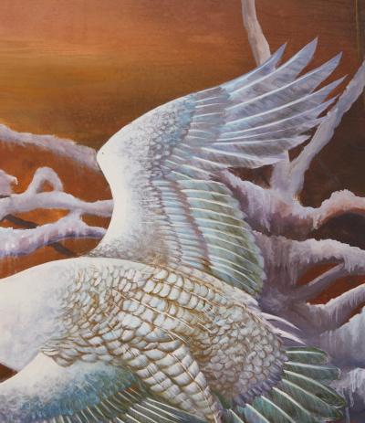 Japanese Two Panel Screen Snow Goose in Flight at Dawn
