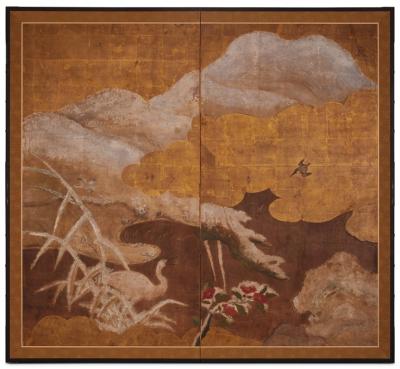 Japanese Two Panel Screen Snow Scene on the Marsh
