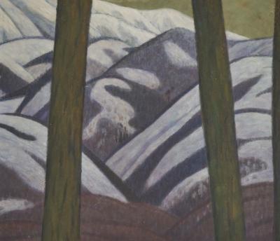 Japanese Two Panel Screen Snowy Mountain Landscape