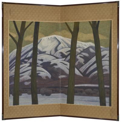 Japanese Two Panel Screen Snowy Mountain Landscape